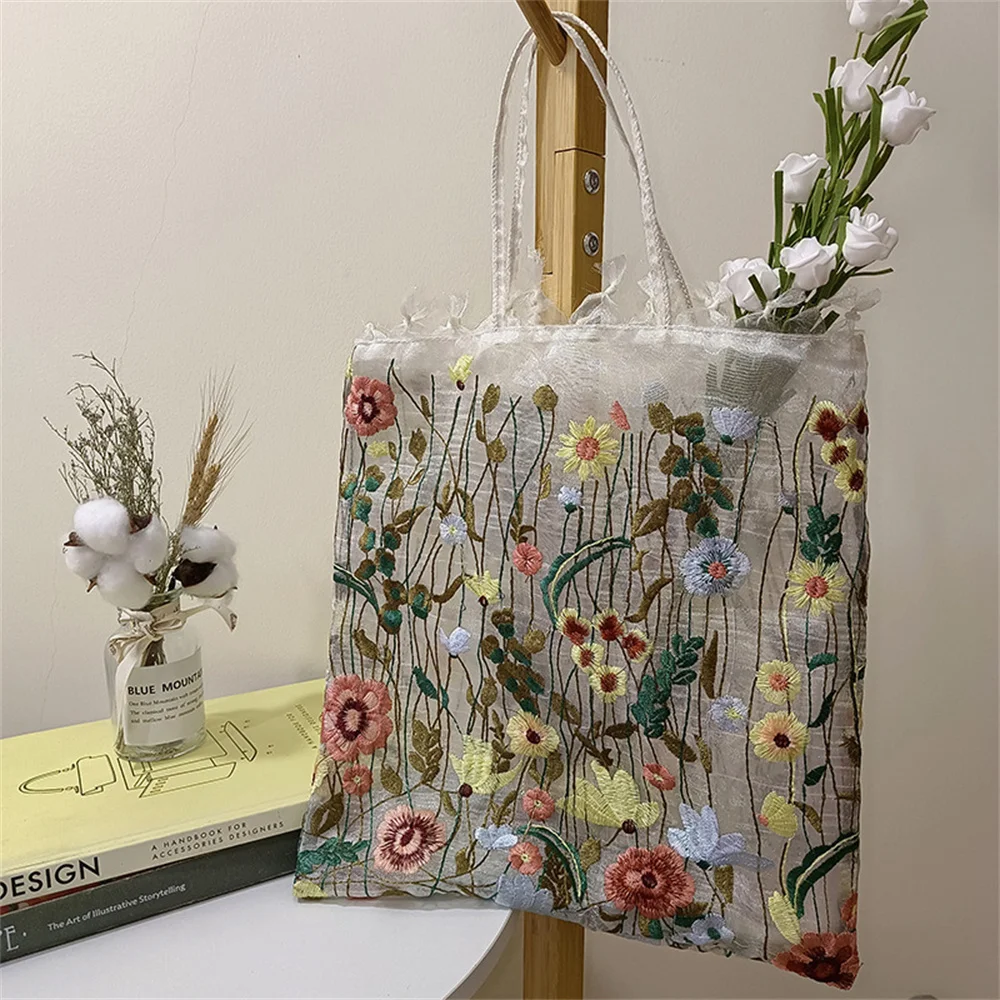 

2023 Summer Embroidery Mesh Shopping Bags Fashion Flower Perspective Travel Handbag bolsas Large Capacity Eco Tote Bag for Women