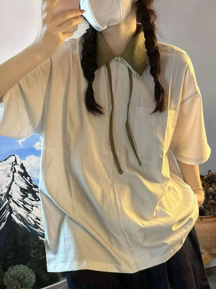 Женская блузка в полоску, на молнии, в стиле Харадзюку Женская блузка в полоску, на молнии, в стиле Харадзюку