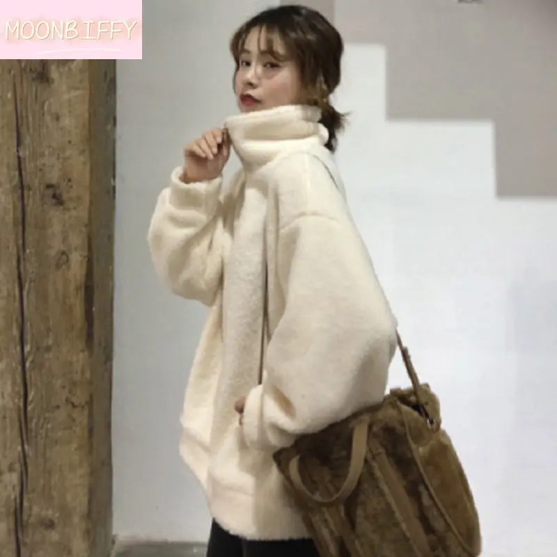 

Женский свитер на молнии, свободная плотная однотонная куртка из овечьей шерсти с высоким воротником, Осень-зима 2019