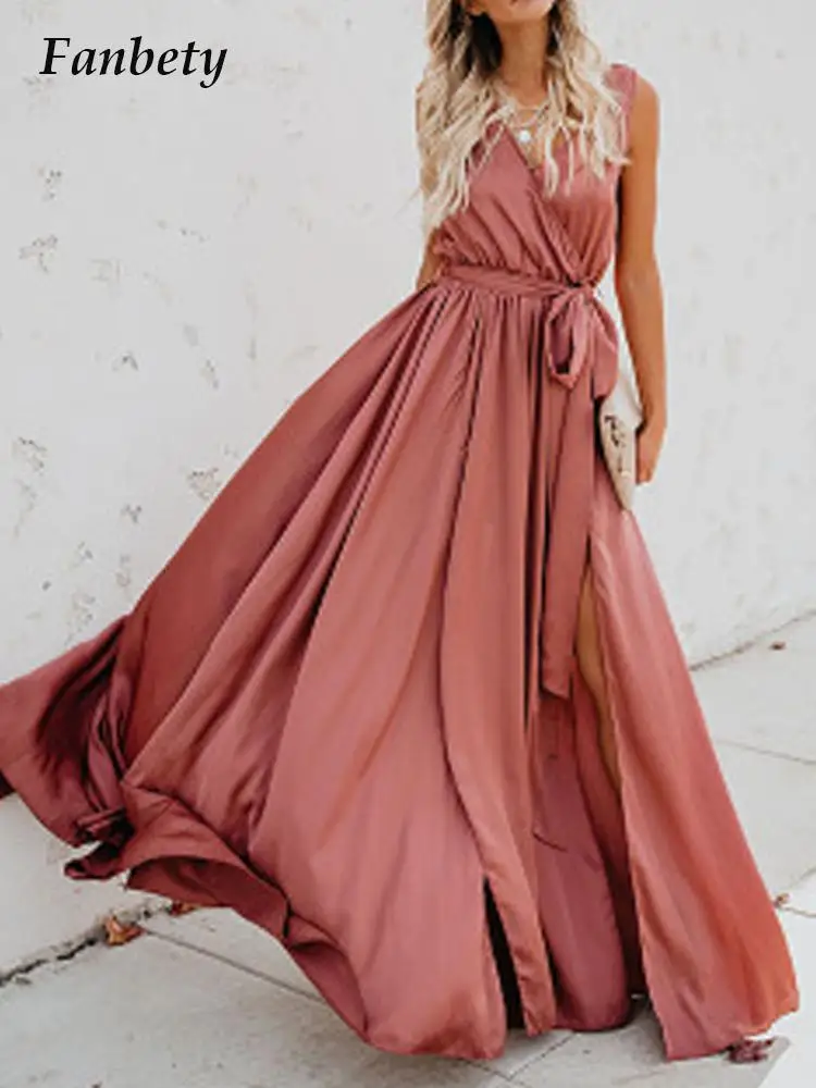 

Женское однотонное элегантное платье макси без рукавов с V-образным вырезом, пикантное длинное платье с высоким разрезом в стиле бохо, повсе...