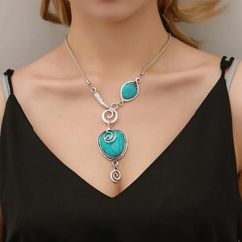 

Retro Fashion Style Geometric Silver Cracked Turquoise Necklace Pendant for Women Girls Daily Party Gifts Jewelry Accessories