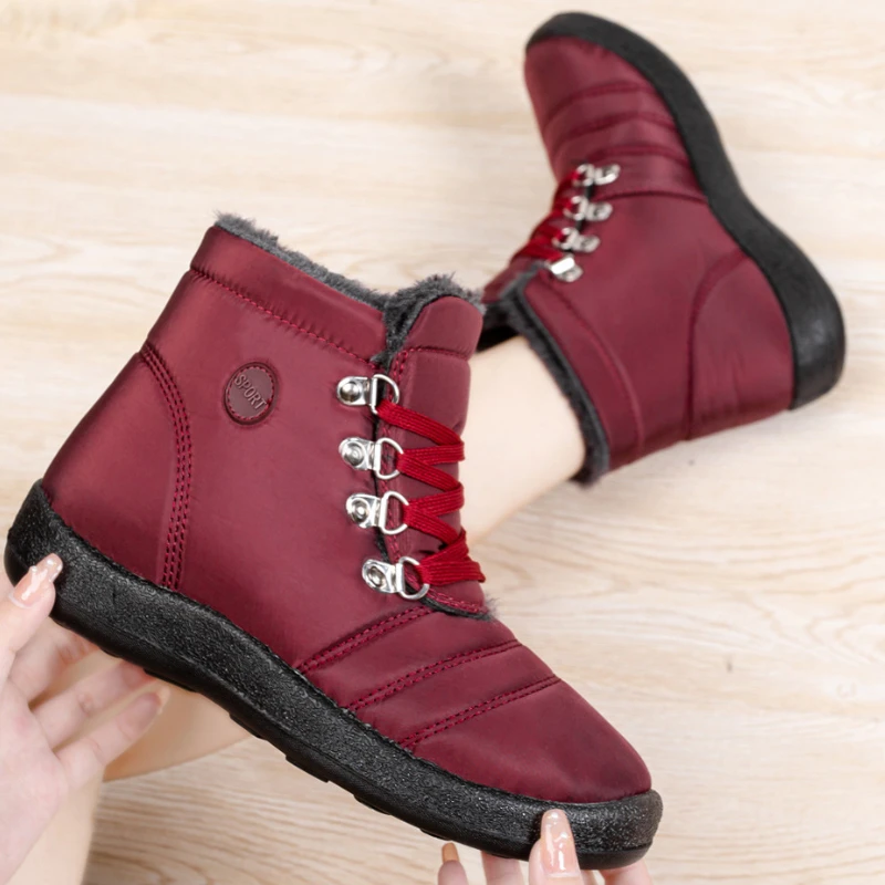 

Waterproof Snow Boots Women Winter Round Head Solid Color Fur Boots Warm Cotton Shoes Lace-up Casual Flats Bota Neve Feminina