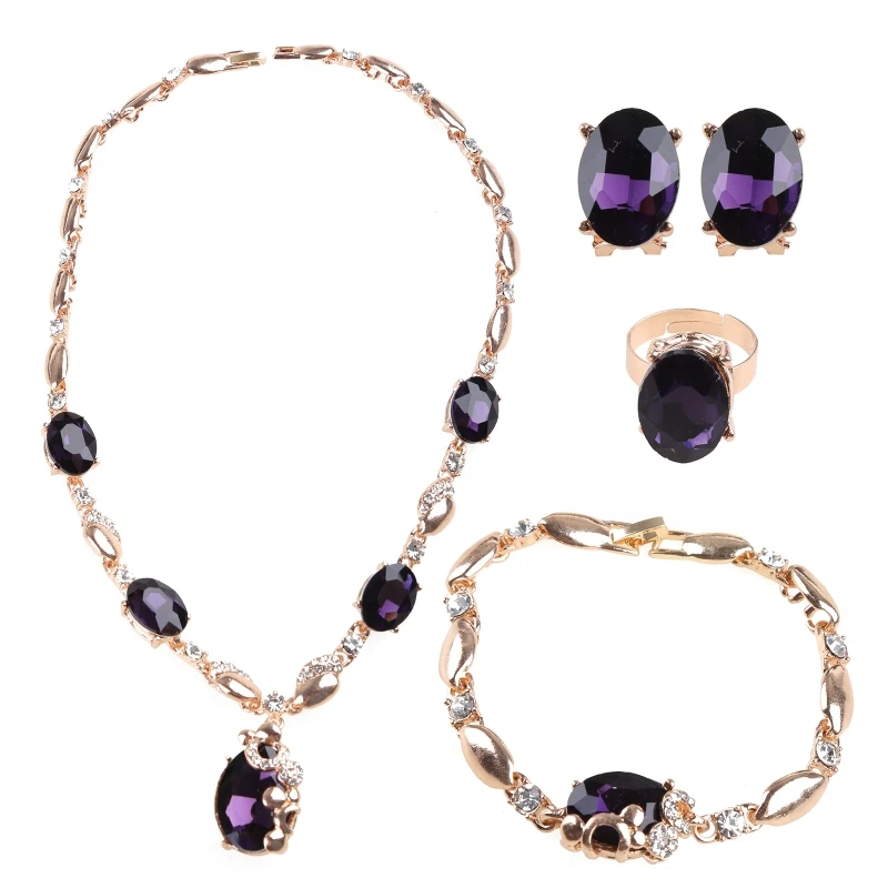 

Jewelry Set Purple Gemstone Pendant Necklace Earring Bracelet Ring Party Dress