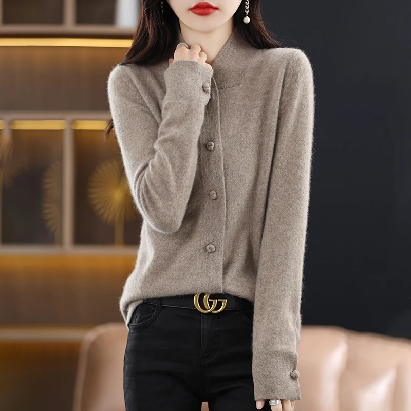 Wool Cardigan Women's Autumn And Winter New Solid Color Half-Turtleneck Sweater Loose Casual Joker Temperament Knit Coat