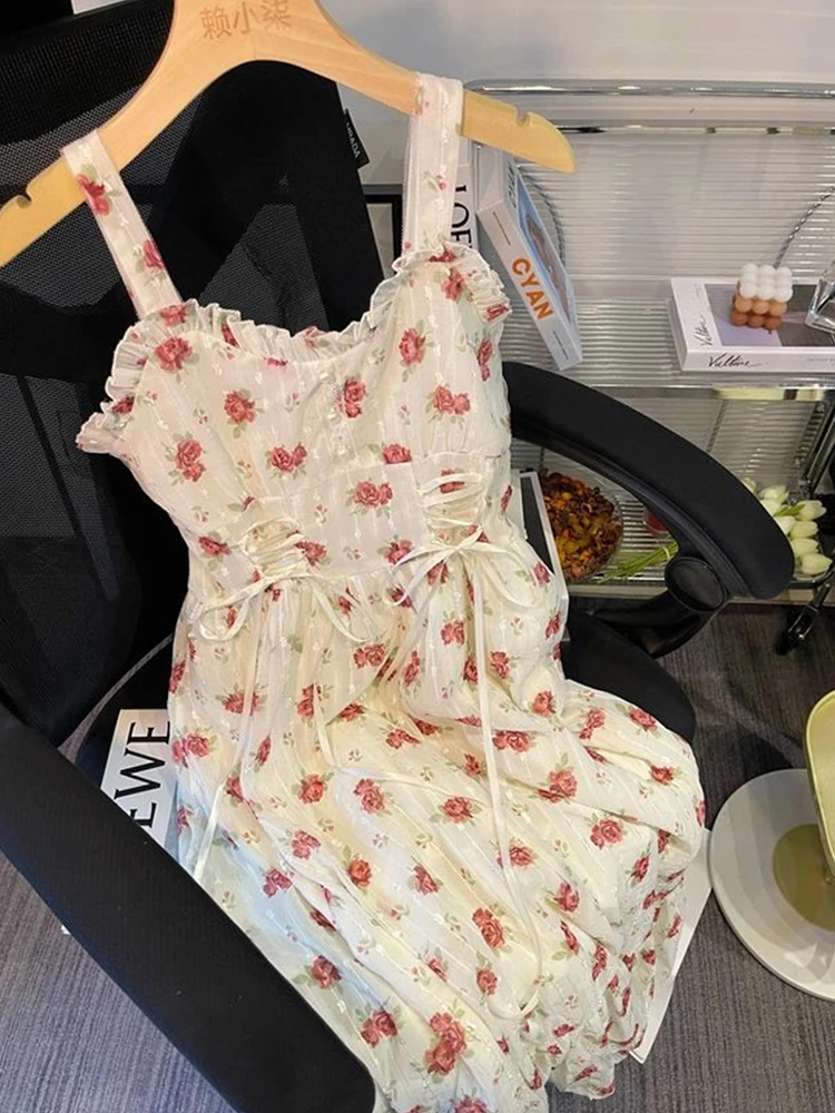 

Chiffon Dress Woman Summer 2022 Sleeveless Y2k Sling Sexy Aesthetic Floral Print Midi Clothing French Prairie Chic V-neck Dress