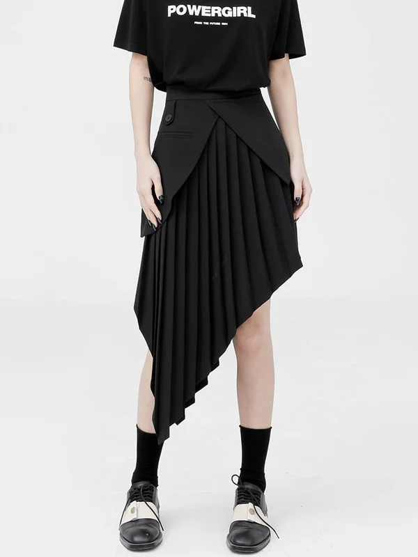 Black Skirt Women High Waist Stitching Irregular Pleated Skirt 2022 Summer Autumn Skirts Korean Fashion Clothing