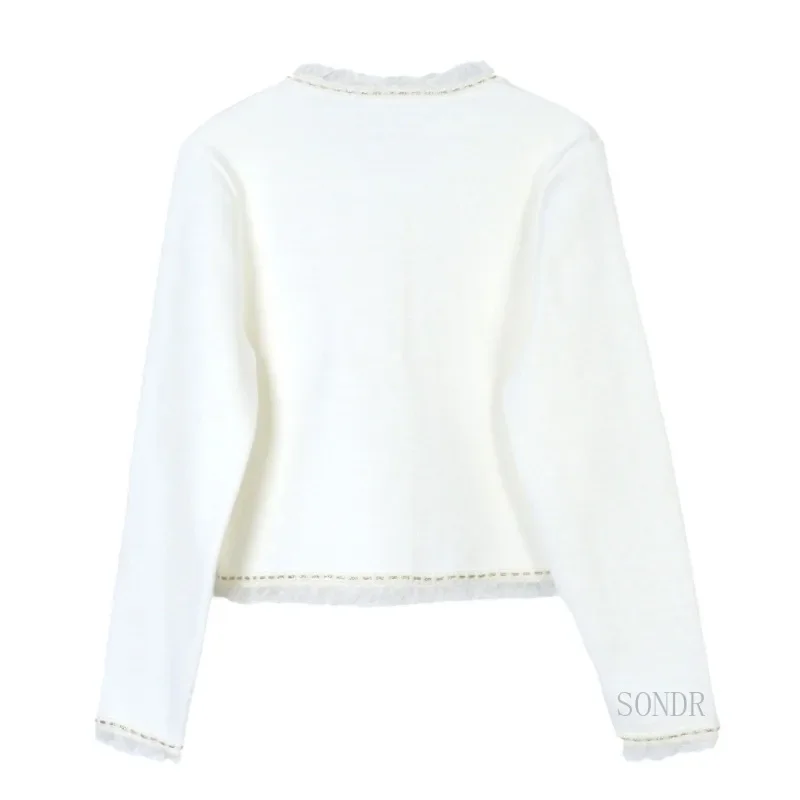 Высокомодный черный кардиган с кружевной отделкой 2024 осень-зима укороченный