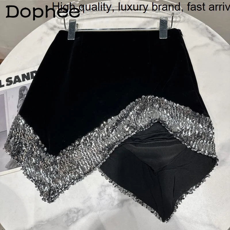 

Spring New 2023 Oblique Irregular Sequined Black Velvet Women Nightclub Socialite Performance Mini Skirt Falda High Street