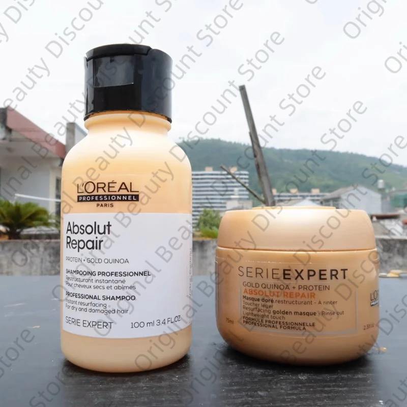 

2pcs L 'Oreal Absolut Repair Gold Quinoa Protein Serie Expert Professional Hair Conditioner Mask 75ml and Hair Shampoo 100ml