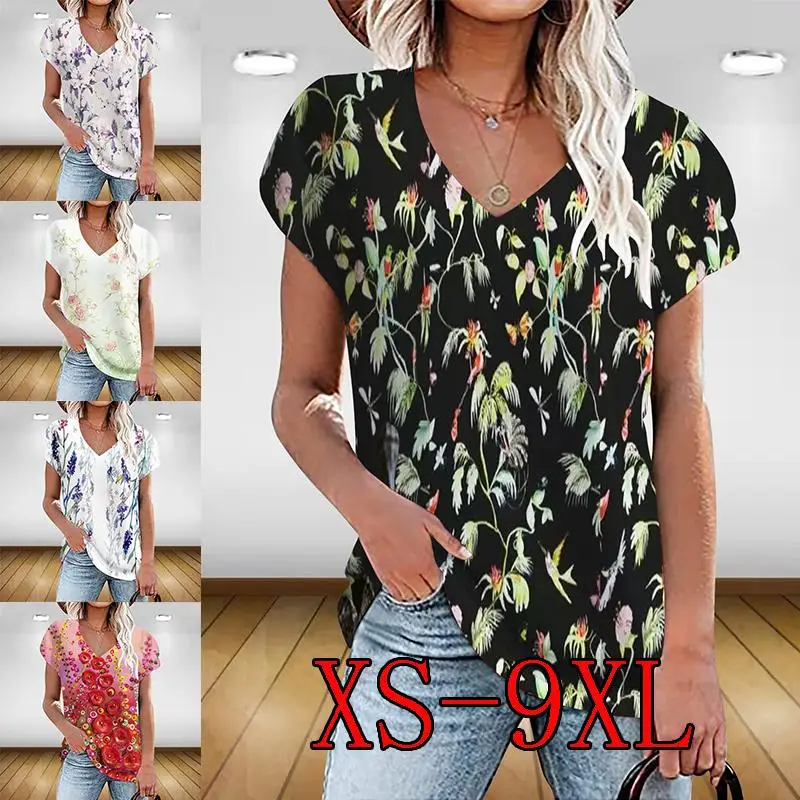 

Women's 2022 New Summer Fashion Print T-Shirts V-Neck Casual Loose Short Sleeve Shirts XS-9XL