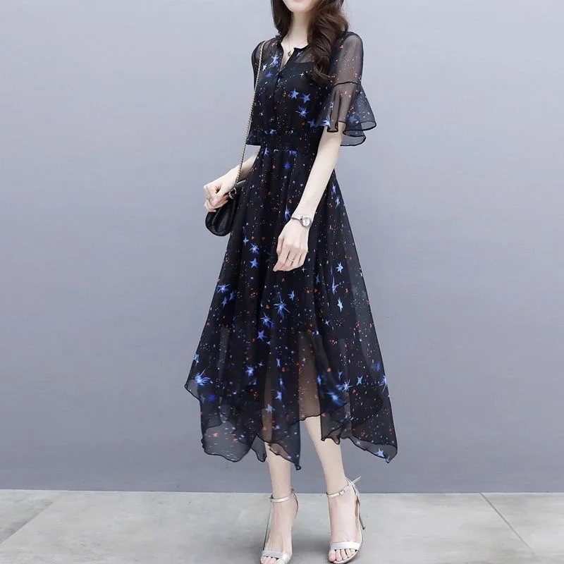 

Summer Print Chiffon Dress Women Elegant V-Neck Casual Midi Dress Slim High Waist 2023 Fashion Plus Size Short Sleeve Long Dress