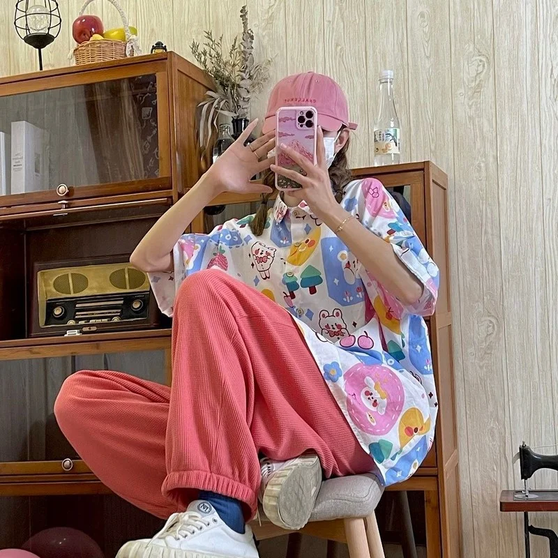 Рубашка HOUZHOU Kawaii с аниме летняя в японском стиле Харадзюку милая блузка оверсайз
