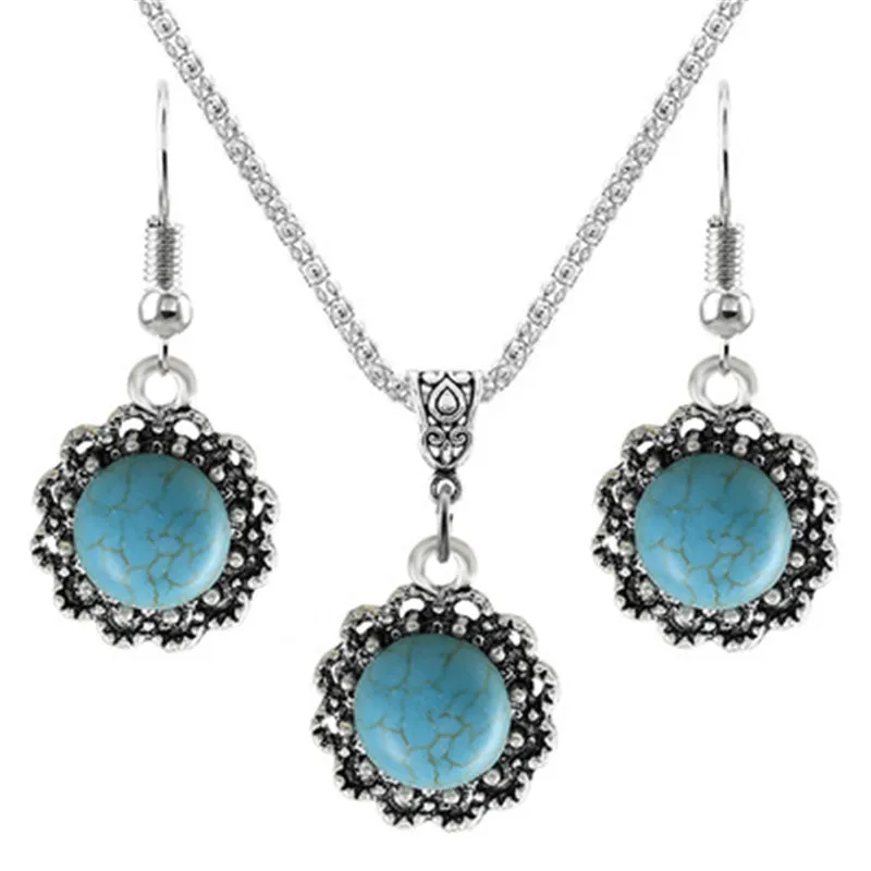 

Women Tibetan Silver CZ Crystal Chain Pendant Necklace Earrings Jewelry Sets