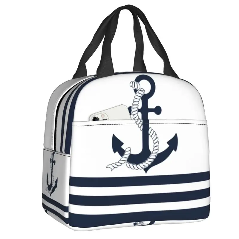 

Nautical Blue Anchors Blue White Stripes Lunch Boxes Multifunction Sailing Sailor Thermal Cooler Food Insulated Lunch Bag Kids