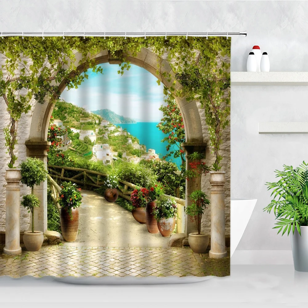 

Greek Door with a Sea View on Island Shower Curtains Waterproof Fabric Bathroom Curtain Set Home Bathtub Decor Red Flowers Blue