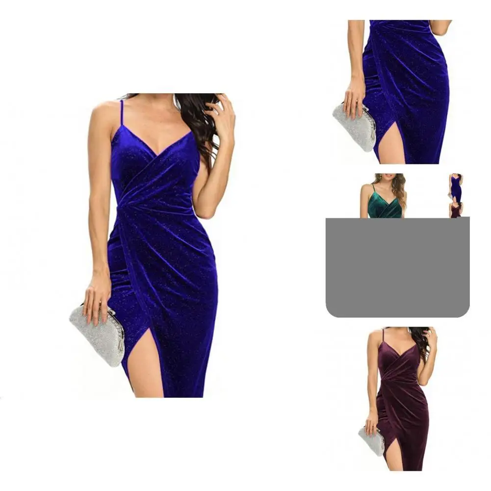 

Retro Midi Dress Solid Color Soft Evening Dress Sling Split Hem Evening Dress