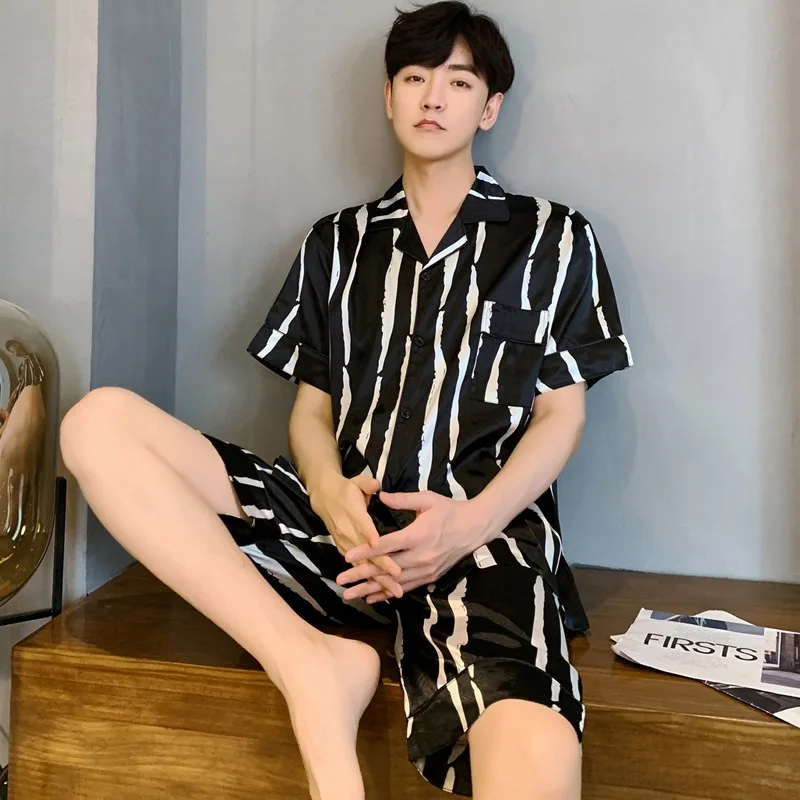 New men's pajamas summer short-sleeved ice silk black and white striped home service suit imitation silk plus size