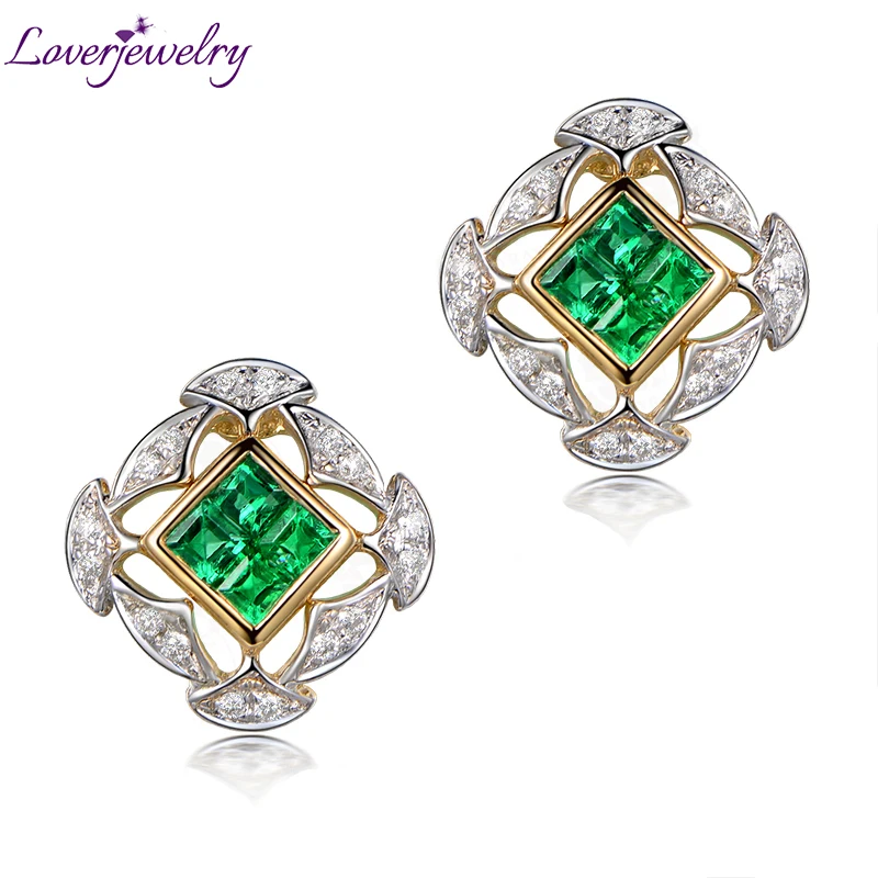 

LOVERJEWELRY Studs Earring for Women Au750 Precious Metal Inlaid Genuine Diamonds Natural Green Emerald Earrings 18kt Gold