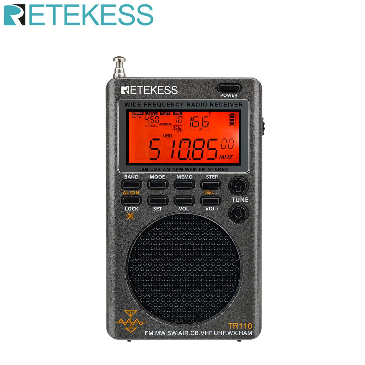 Retekess TR110 портативный SSB коротковолновый радио FM/MW/SW/LSB/AIR/CB/VHF/UHF Полный диапазон NOAA