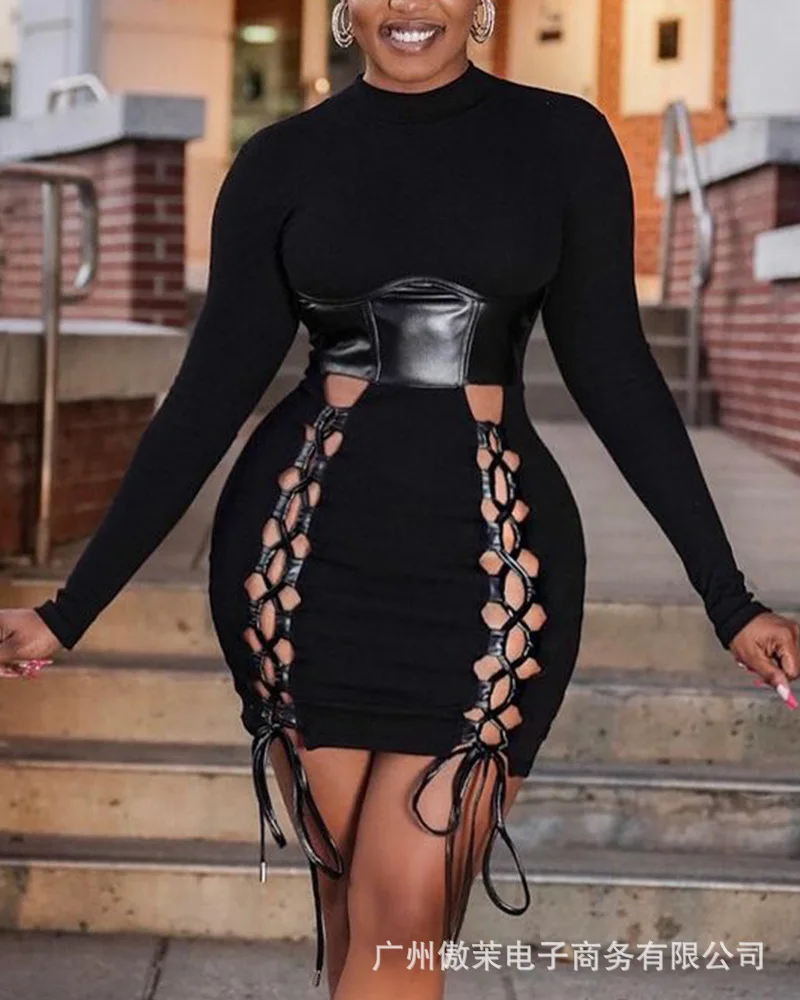 

Новинка 2022, модная женская одежда, облегающее кожаное платье с длинным рукавом и воротником-хомутом на бретельках, женские вечерние сексуал...