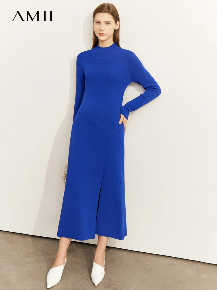 

AMII Minimalism Knitted Long Dress Women 2022 Fall New Fashion Half High Collar Bottom Split Design Slim Elegant Dress 12230376
