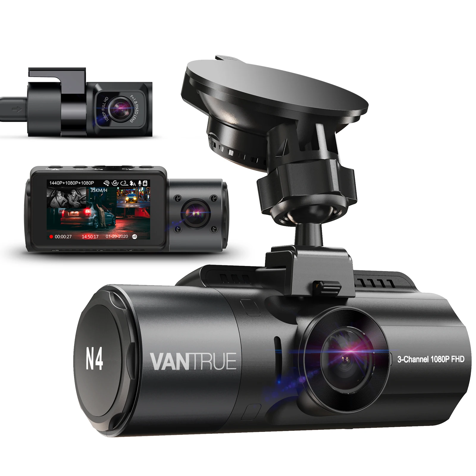 

Vantrue N4 3-канальная видеорегистратор 4K 4K+1080P Передняя и задняя видеорегистратор ИК-камера ночного видения 24-часовой режим парковки Поддержка макс. 256 ГБ