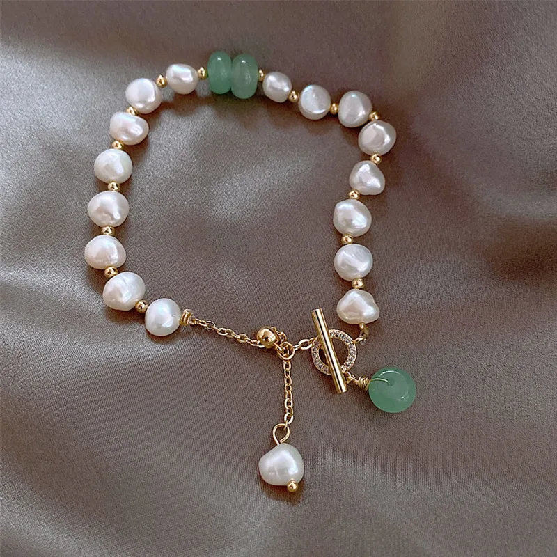 

Minar Elegant Beaded Natural Freshwater Pearls Bracelet for Women Green Color Beads Toggle Clasp Circle Charm Bracelets Gifts