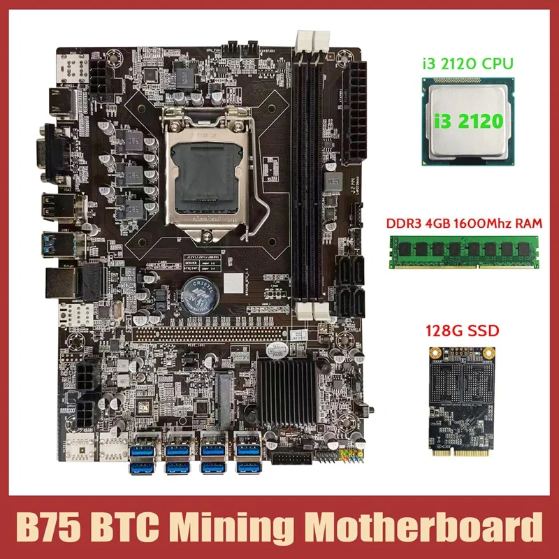 

Материнская плата для майнинга BTC B75 + I3 2120 ЦП + DDR3 4 Гб 1600 МГц ОЗУ + 128G MSATA SSD LGA1155 8xpcie на USB B75 BTC материнская плата