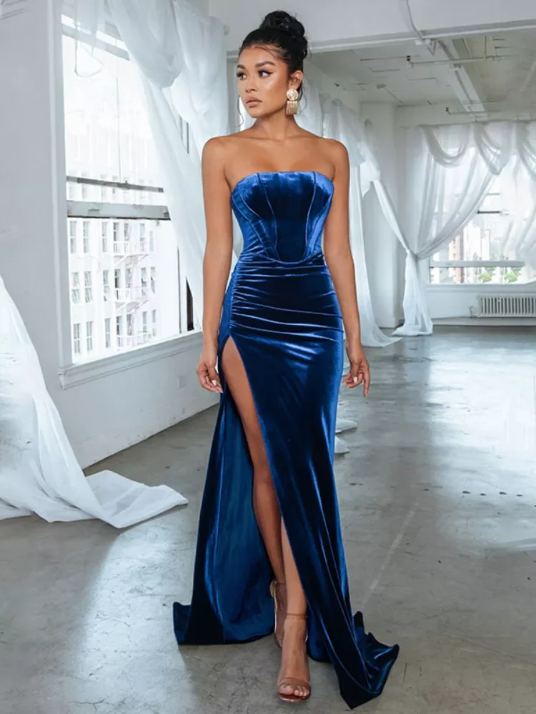 

Sexy Backless Corset High Slit Elegant Velvet Evening Gown Dress Women 2022 Fashion Formal Long Maxi Dresses