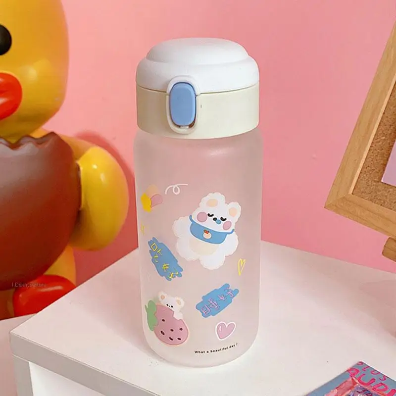 

450ml Creative Frosted Transparent Glass Water Bottle With Straw Cartoon Leakproof Travel Drinkware Cute Kids Student Gift Cups