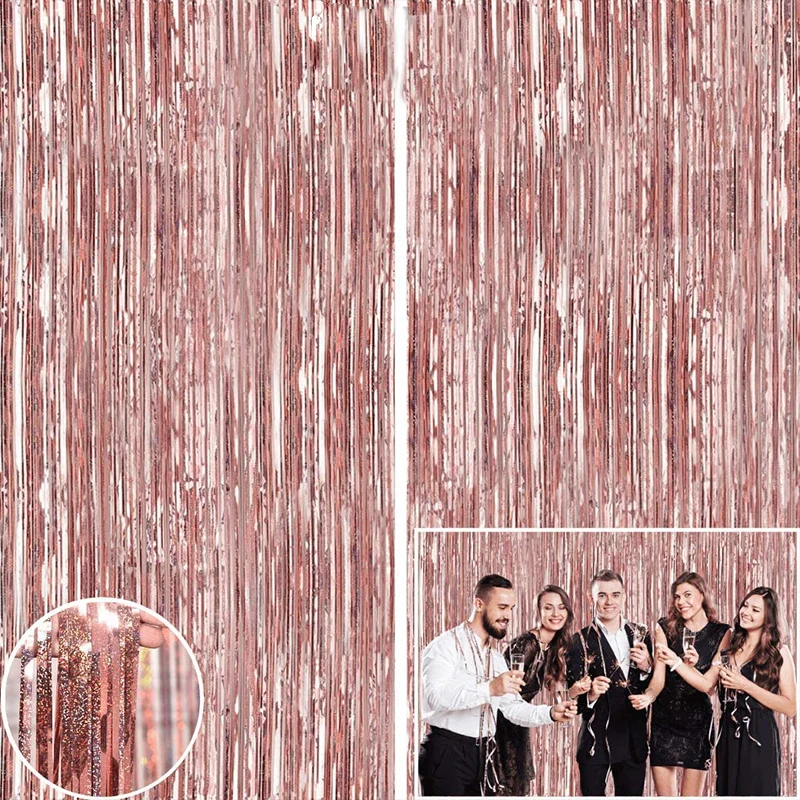 2M Rose Gold Party Backdrop Laser Metallic Foil Tinsel Fringe Curtain Birthday Wedding Bachelorette Decoration Adult Anniversary