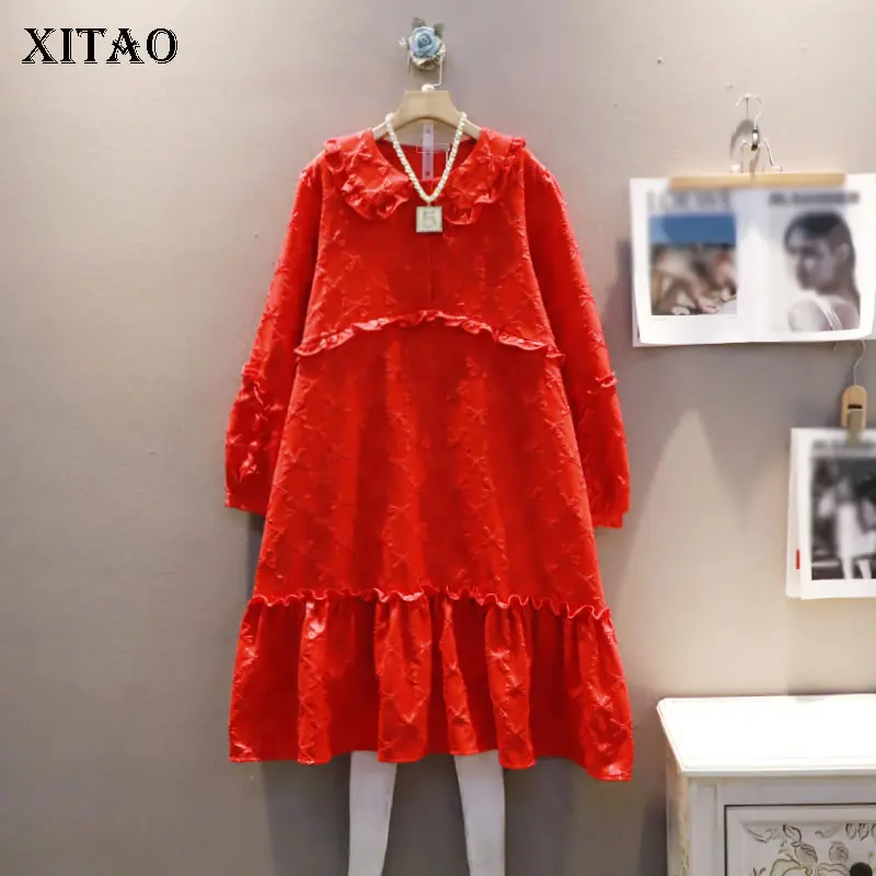 

XITAO Solid Color Patchwork Ruffles Pullover Folds Dress 2022 Spring New Arrival Casual Fashion Temperament All Match GWJ3110