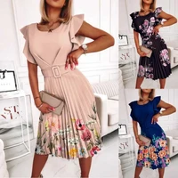 2022 spring and summer new womens round neck waist pleated ruffled printed pleated dress