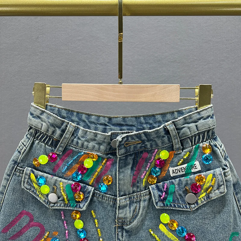 A-line Denim Shorts Women's 2023 Summer New High Waist Loose Slimming European Style Diamond-Embedded Flanging Wide-Leg Pants