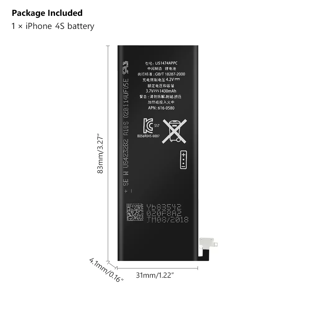 

2023New Lithium Phone Real 3.7V 1430mAh Battery For iPhone 4S 4GS iPhone4S Rechargeable Phone Bateria Batteries High Quality