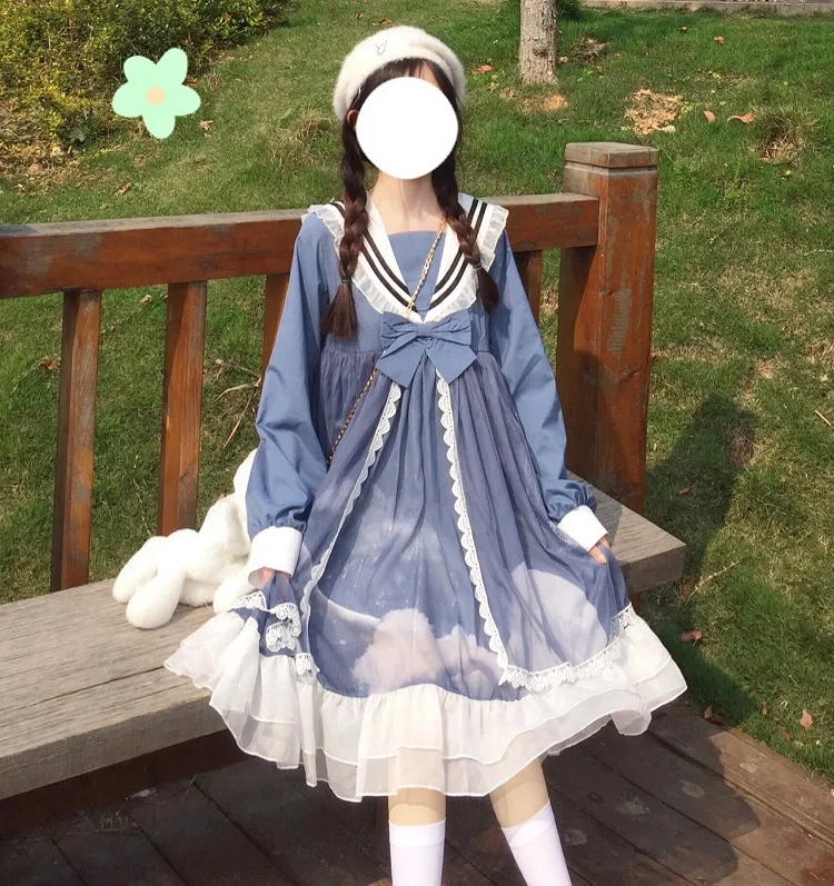 

Sweet Japanese Lolita Dress Vintage Navy Collar Gothic Medieval Costume Women Princess Dresses Girl Halloween Cosplay Party