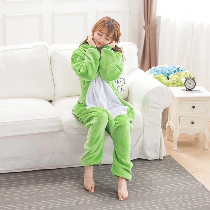 Winter Adults Animal Onesies Unisex Women Green Frog Costumes Cartoon Pyjama Men Long Sleeve Pajamas Set Christmas Jumpsuits