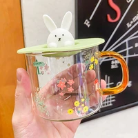 cute cartoon transparent flower rabbit paint glass cup mugs cups set with lid water mug milk tea coffee mugs students gift cups
