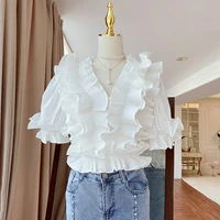 new trend summer french niche pleated v neck shirt womens clothing design short temperament flared sleeve shirt tops