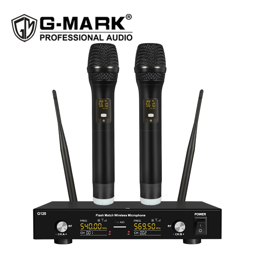 

Microphone Wireless G-MARK G120NEW Professional UHF 2 Channels Karaoke Mic Metal Body For Singing Party Show Church Stage
