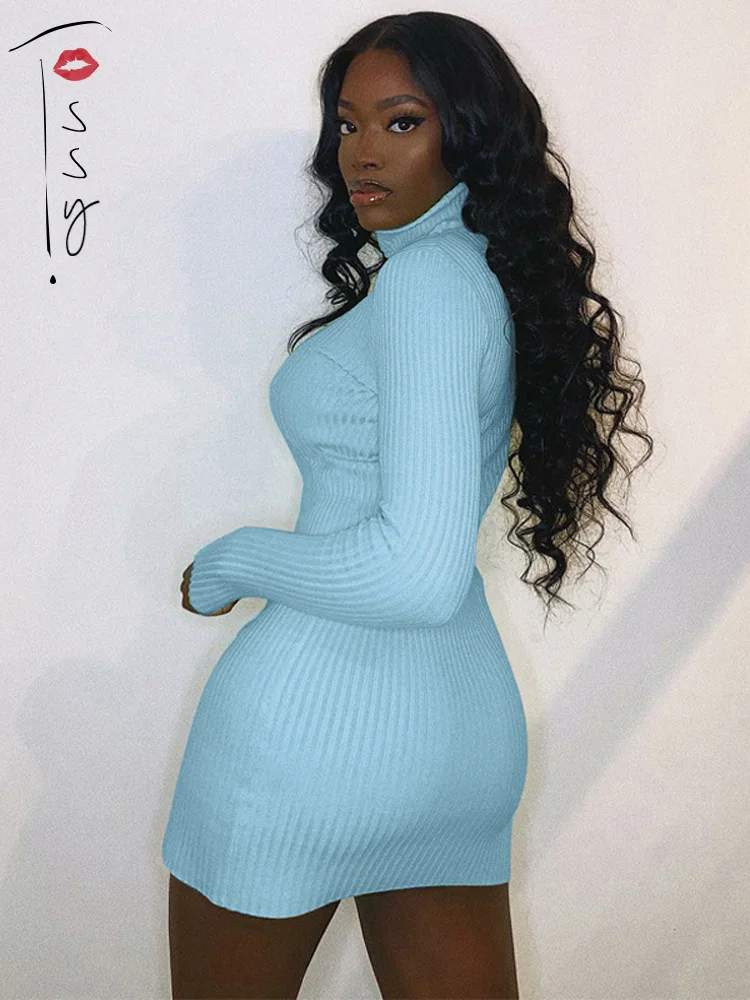 

Tossy Women Solid Ribbed Long Sleeve Bodycon Dress Female Turtleneck Slim Mini Dresses Ladies Club Party Dress 2022 Streetwear