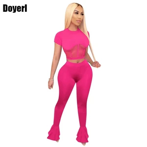 Сексуальный комплект из двух предметов, женский короткий топ и Облегающие расклешенные брюки, подходящие комплекты, летняя одежда для женщин, оптовая продажа, женский комплект одежды