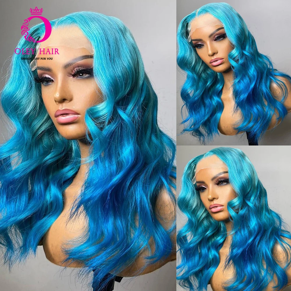 Ombre Blue Colored Synthetic High Temperature Fiber 13x4 Lace Front Body Wave Glueless Drag Queen Cosplay Wigs For Black Women