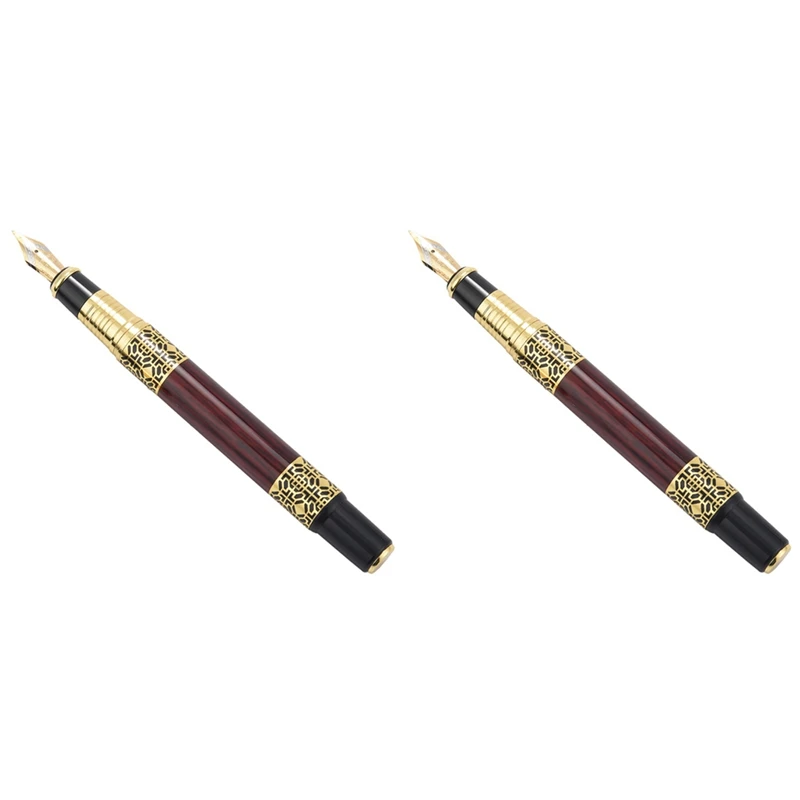 

2X Chinese Classical Fountain Pen Golden Metal Wood Signature Pen For Office Business Signature School Student Gift