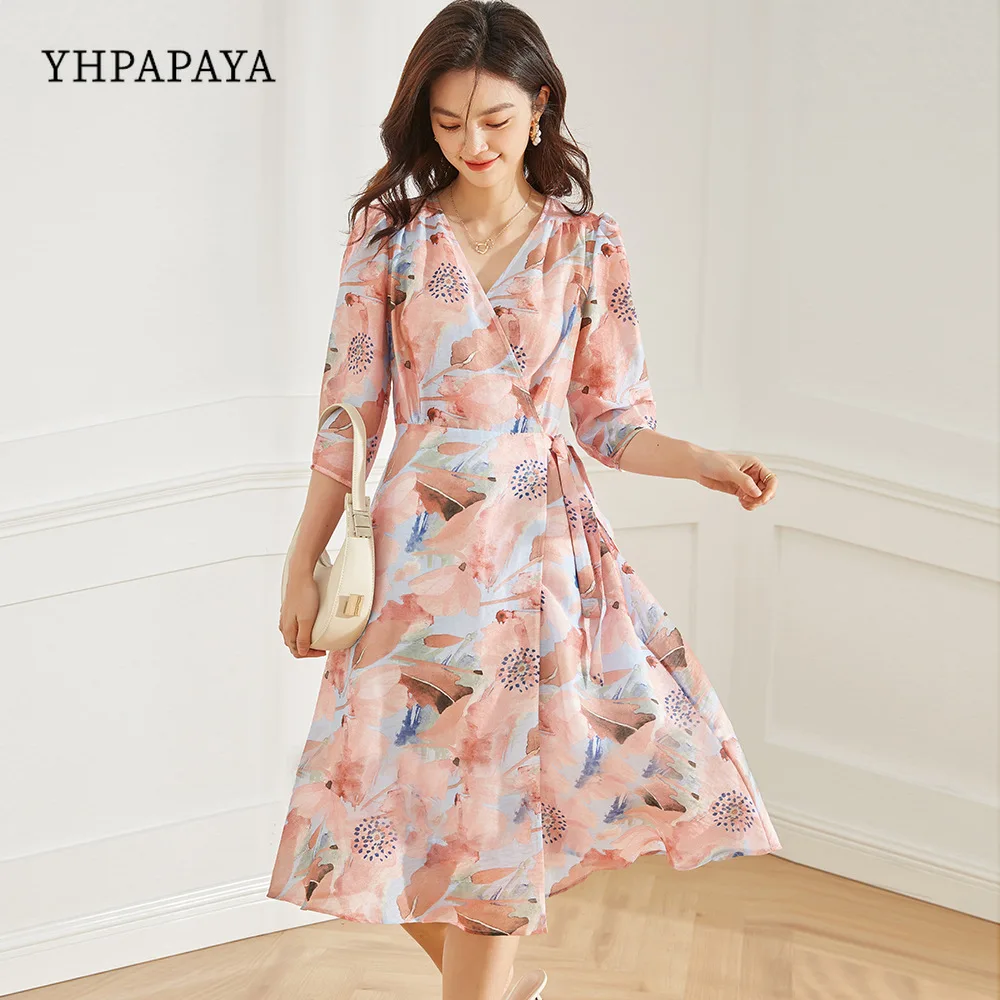 

YHPAPAYA High Quality Summer Dresses Woman 2022 Women's V Neck Splash Ink Elegant Casual Vintage Midi Chest Wrap Dress