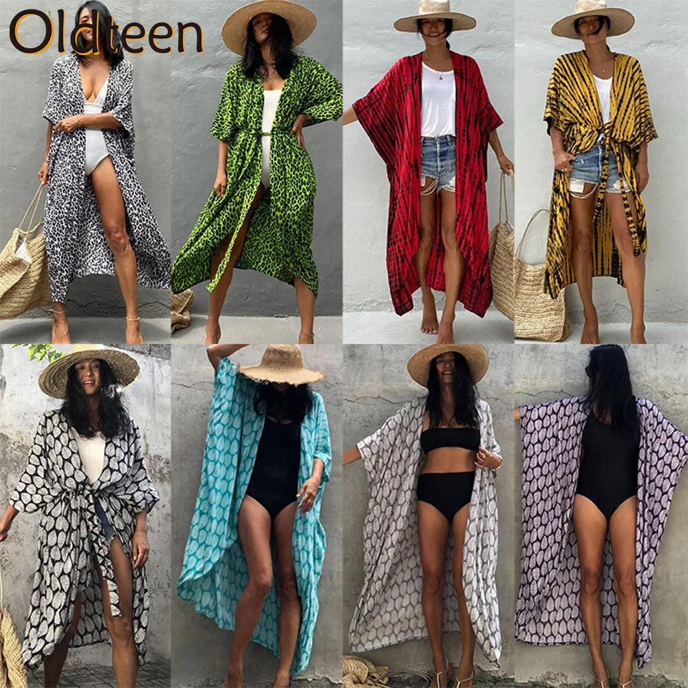 

2022 Fashion Bikini Cover-ups Black Retro Striped Self Belted Women Summer Clothing Kimono Dress Beach Wear Swim Suit Cover Ups