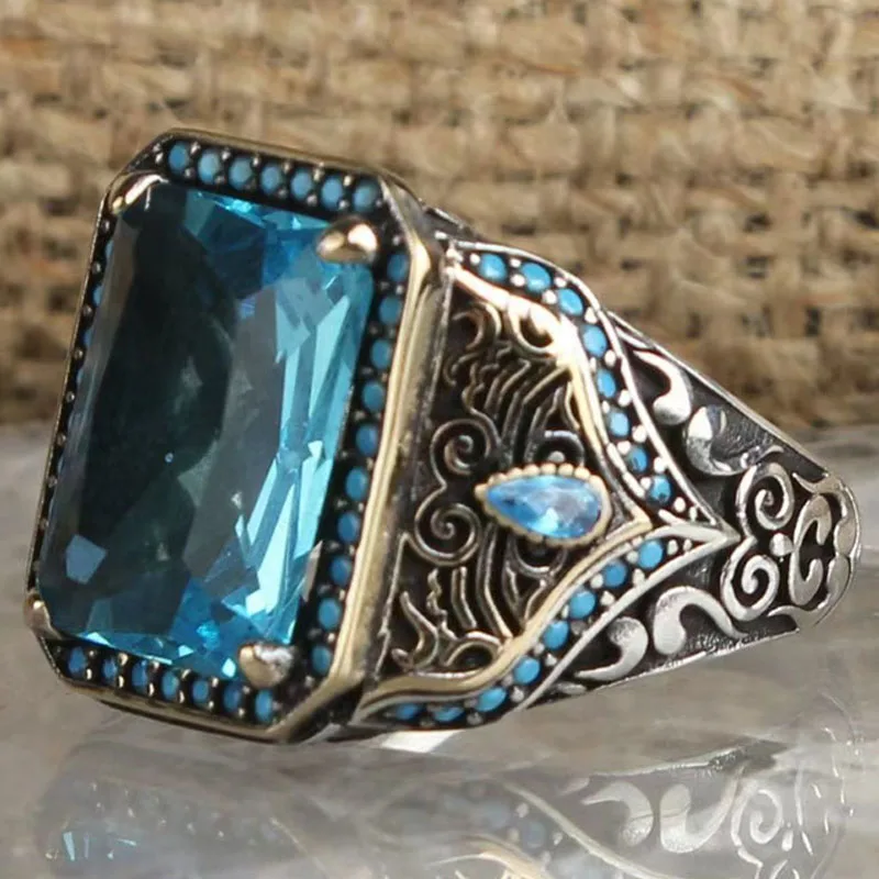 

2022 New High-end Domineering Aquamarine Men's Ring Retro Engraving Pattern Punk Ring Turkish Fashion High Quality Jewelry