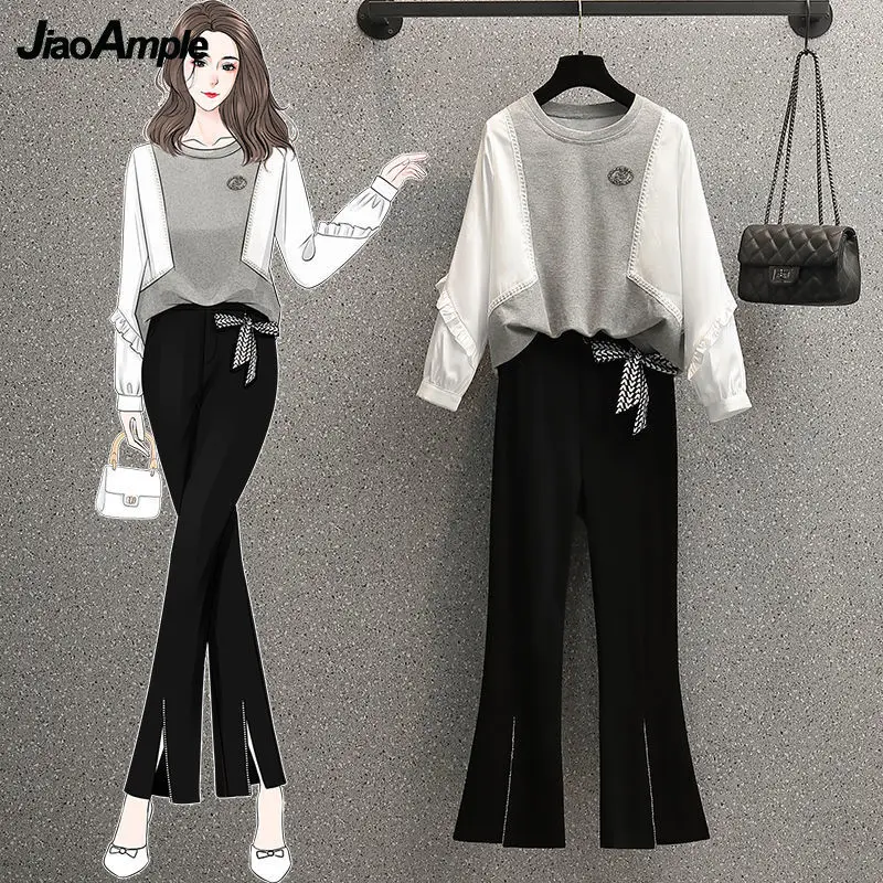 

Women's Autumn Long Sleeve Sweater Pants Two Piece 2022 New O-Neck Blouse Trousers Suit Korean Elegant Casual Sweatshirt Set