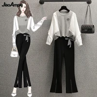 womens autumn long sleeve sweater pants two piece 2022 new o neck blouse trousers suit korean elegant casual sweatshirt set