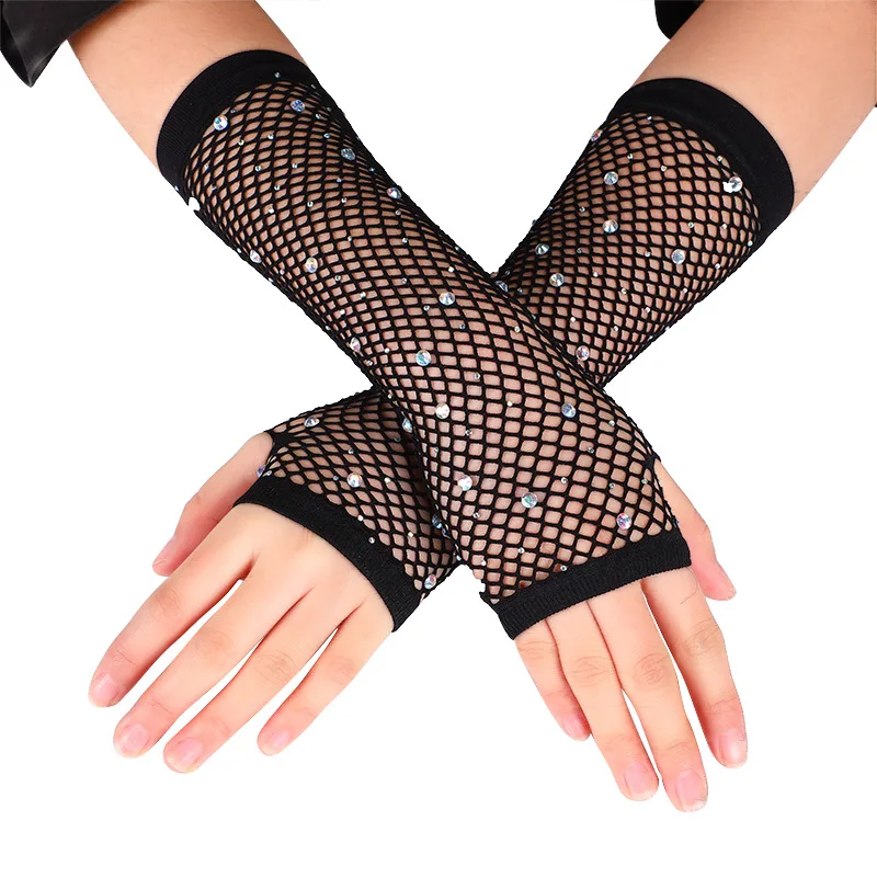 

Sexy Lace Electric Syllable Colored Flash Diamonds Fingerless Mittens Summer Hollow Fishing Net Punk Hiphop Women's